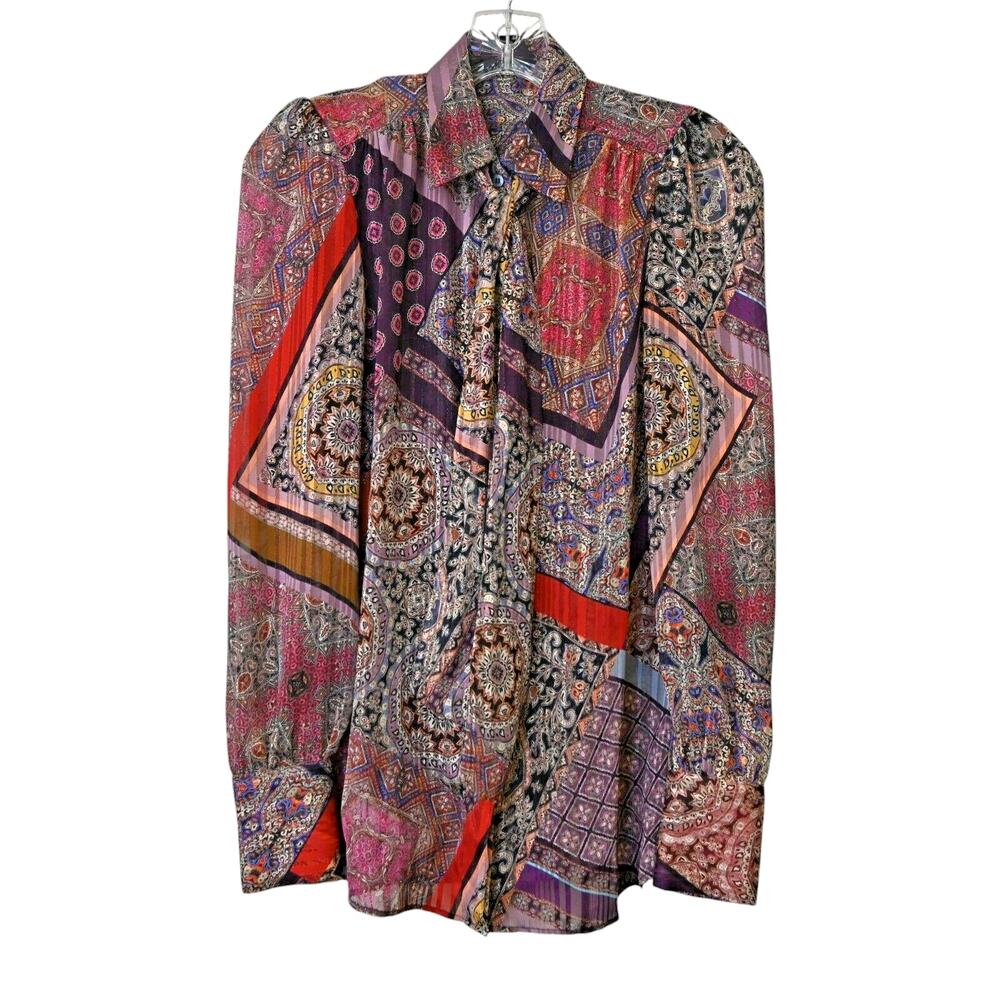Caliban Purple Paisley Metallic Sheer Button Down Blouse With Neck Tie Size 38